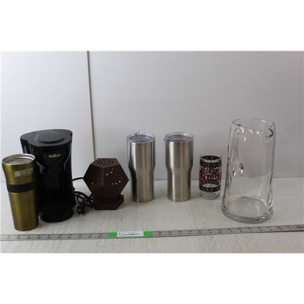 Salton Coffee Maker- Powers On, Glass Pitcher, Travel Mugs, Misc.