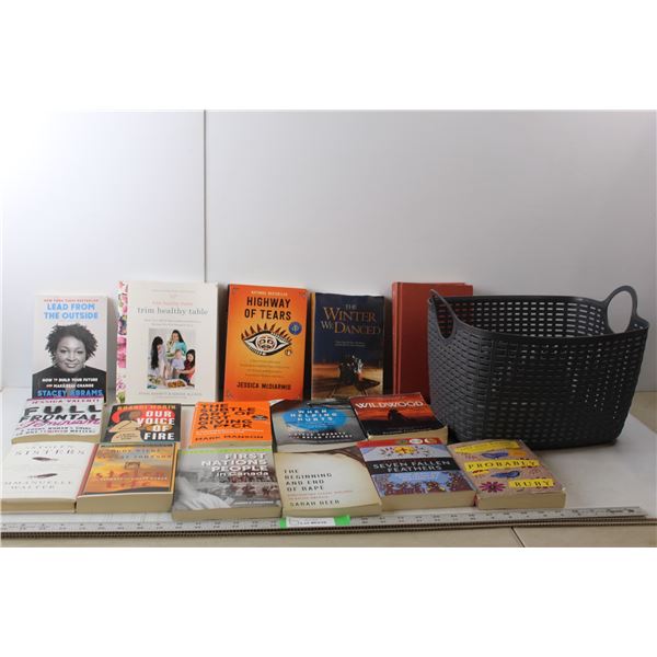 (16) Books- Highway of Tears, Our Voice of Fire, Stolen Sisters, Misc. & Plastic Storage Basket