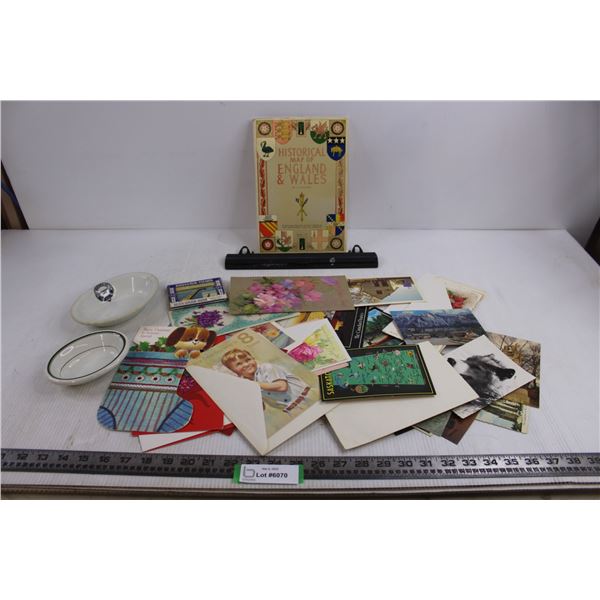 Vintage Lot (Greeting & Postcards, Trinket Dishes, Historical Map of England & Wales)