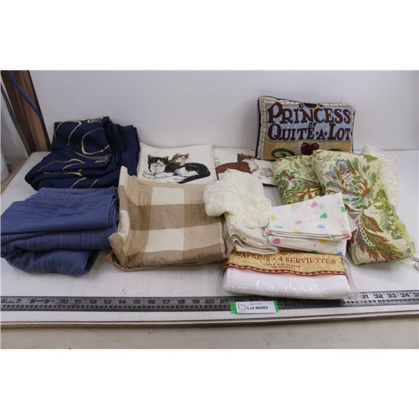 Linens Lot (Table Cloths, Runners, Doilies, Pot Holders, Napkins, Pillow "The Princess of Quite-A-Lo