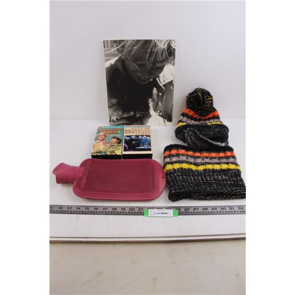 Hot Water Bottle, Toque/Scarf Set, 2 VHS Movies, Picture 10.5" 13"