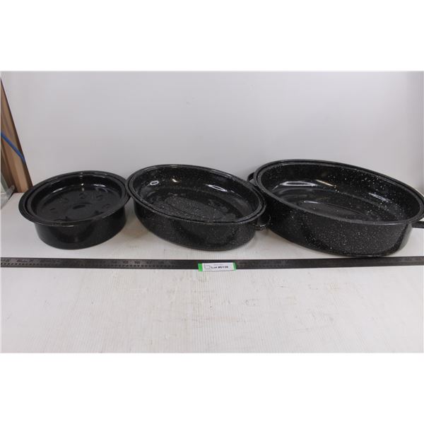 (3) Enameled Metal Roasting Pans with Lids (16" & 14" & 10" Dias)