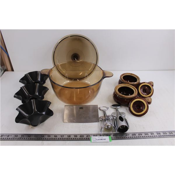 Kitchen Lot (Corning ware Vision Cook Pot with Lid 10.5"Dia x 5" Height, Pair Stoneware Crocks, 3 Ru