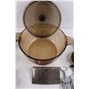 Image 3 : Kitchen Lot (Corning ware Vision Cook Pot with Lid 10.5"Dia x 5" Height, Pair Stoneware Crocks, 3 Ru