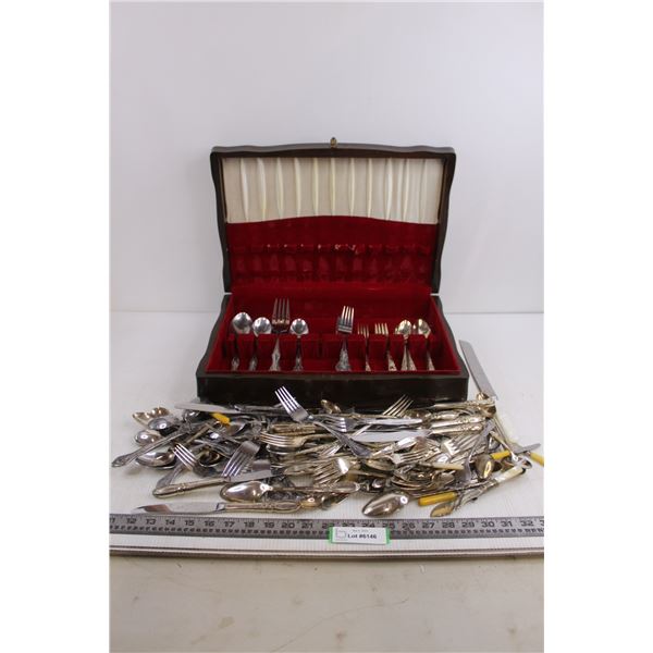 Vintage Cutlery with Wooden/Velvet Display/Storage Case 12" x 17.5" x 4"