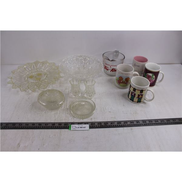 Vintage Dish Lot (2 Formed Glass Platters, Avon Egg Dish, Vases), (4) Coffee Mugs, Fire King Measure