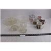 Image 1 : Vintage Dish Lot (2 Formed Glass Platters, Avon Egg Dish, Vases), (4) Coffee Mugs, Fire King Measure