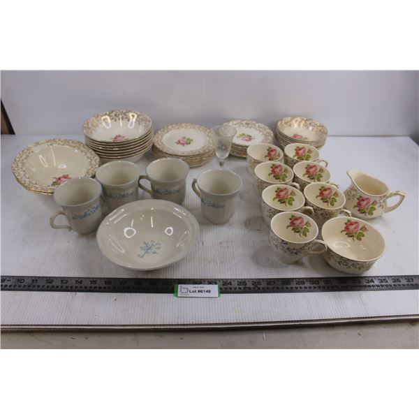 Vintage Set of Alfred Melkin "Pink Rose" Fine China Dishware, Brick Oven Stoneware Bowl & 4 Cups