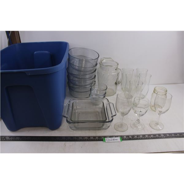 Kitchen Lot (Microwavable Glass Dishes, Anchor Casserole Dishes, Pitcher with Glasses, Misc.), Plast