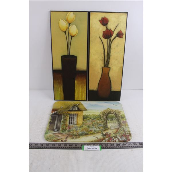 Pair of Flower Themed Wall Art 20" x 8", Glass Cutting Board 12" x 16"