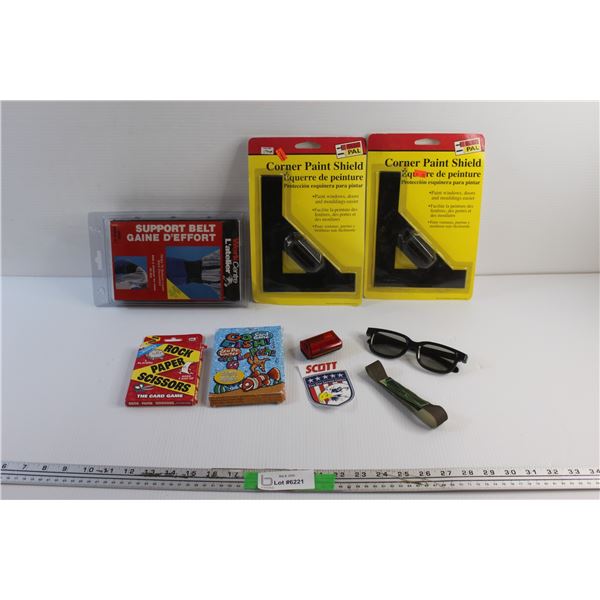 Lower Back Support Belt - Size L, (2) Corner Paint Shields, (2) Card Games, Sunglasses, Bike Tail Li