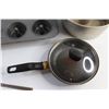 Image 6 : Cake Tray & Pan, (2) Non Stick Frying Pans 10'' & 8'', (2) Pan Lids and Dining Knife