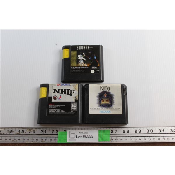 (3) Sega Genesis Game Cartridges - NHL 97, Budokan and Ishido
