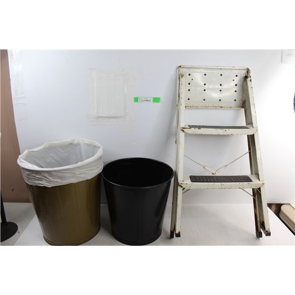 *(2) Small Round Metal Garbage Cans, Small Metal 2 ft Step Ladder