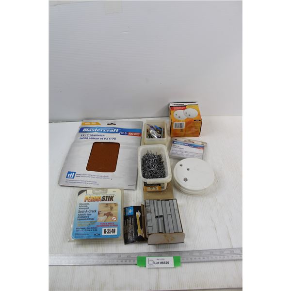Hardware Supplies, 9 x 11'' Sandpaper, Nails, (3) Smoke Detectors- As Is, Misc