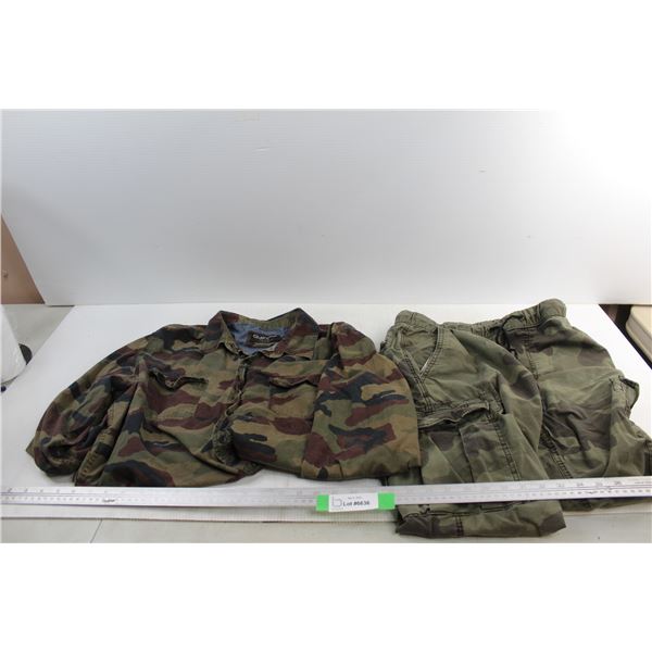 Blue Notes XL Camo Button Up Long Sleeve Shirt- Rip w/Size Small American Eagle Pants