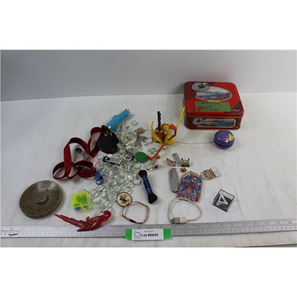 Tin w/ Various Trinkets, Pins, Glass Stones, Keys, Misc