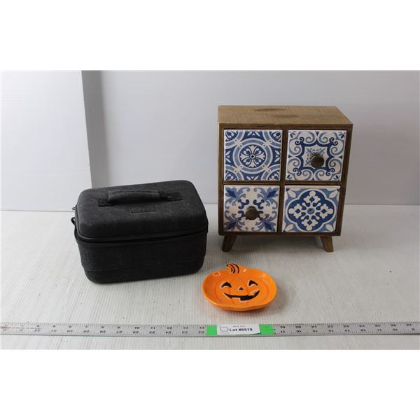 Wood Storage Box with Drawers 10.5" Tall, Ceramic Pumpkin Tray, Makeup Case- As Is