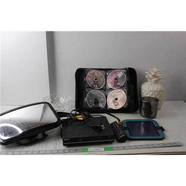 Sylvania DVD Player- As Is, Ceramic Pineapple Cookie Jar, DVDs and Case, Misc.