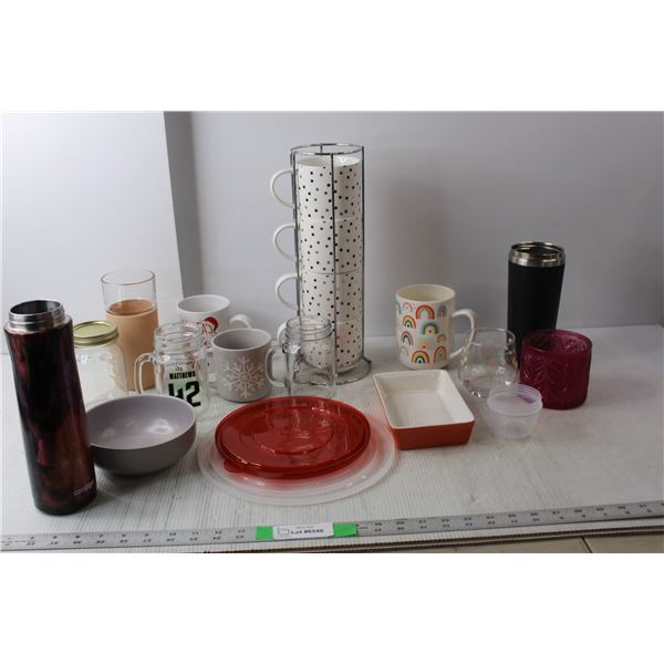 (8) Coffee Mugs, Mug Stand, Butter Dish, Misc.