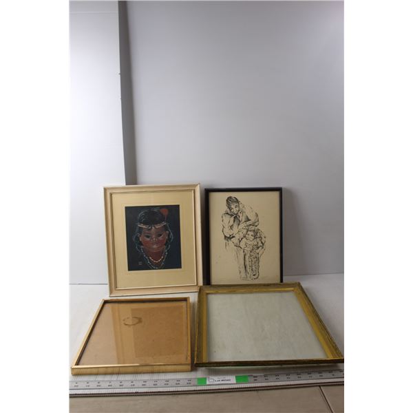 (2) Art Frames and (2) Indigenous Framed Art Pieces Up to 17.75" Tall & 14" Wide