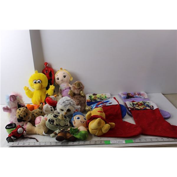 Kids' Lot- (4) Christmas Stockings, Spiderman Figurine- Stuffies, Needs Batteries, Misc.