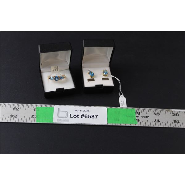 ^14K Gold Plated Blue Topaz Ring-8 & Earrings Cannot Authenticate