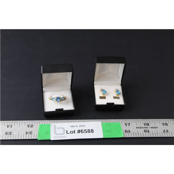 ^14K Gold Plated Blue Topaz Ring-7 & Earrings Cannot Authenticate