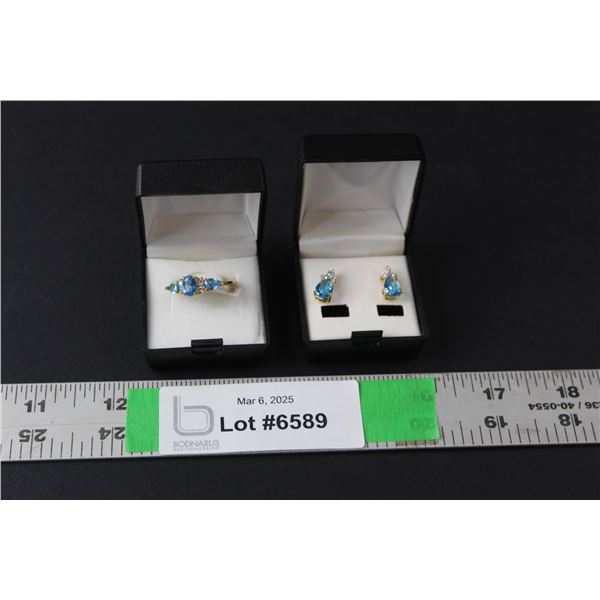 ^14K Gold Plated Blue Topaz Ring-7 & Earrings Cannot Authenticate