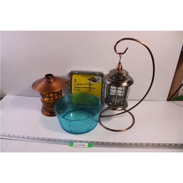 Candle Lanterns (One with Stand), Plastic Bowl, 3 Square Tin Cake Pans and 2'x16"x20" Rubbermaid Tub