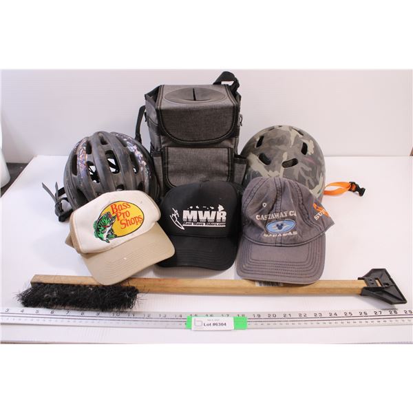 Lunch Bag, 3 Ball Caps, 2 Bicycle Helmets and a Lunch Bag (9 1/2x6x8")
