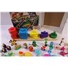 Image 2 : Multiple small Figures (Flintstones, Smurfs, etc) and small wooden Stacking Game for children. Figur