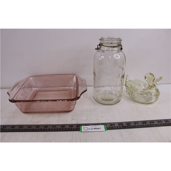 Vintage Dishes (Anchor Hocking Pink Glass Casserole, Perfect Seal Canner - Chip, Trinket Duck - Chip