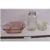 Image 1 : Vintage Dishes (Anchor Hocking Pink Glass Casserole, Perfect Seal Canner - Chip, Trinket Duck - Chip