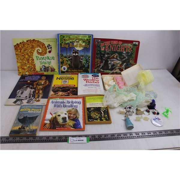 (9) Books (Star Wars, Knights, Pumpkin Town, Wealthy Barber), Avon Soaps, Extra Lace, Trinket Decor