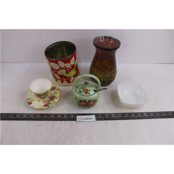 Vintage Dishes (Aynsley Tea Cup & Saucer, Pyrex, Sugar Jar), Partylite Cracked Glass Vase