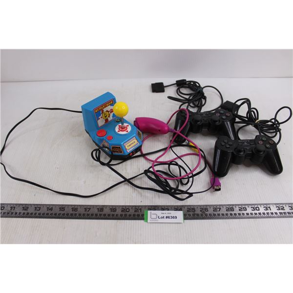 Video Gamer's Lot (2 Sony PS Controllers, One-Hand Controller, Namco Ms. Pac-Man Tabletop Game) - Al