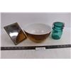 Image 1 : Pyrex Mixing Bowl, Blue Glass Canning Jar, Mirror