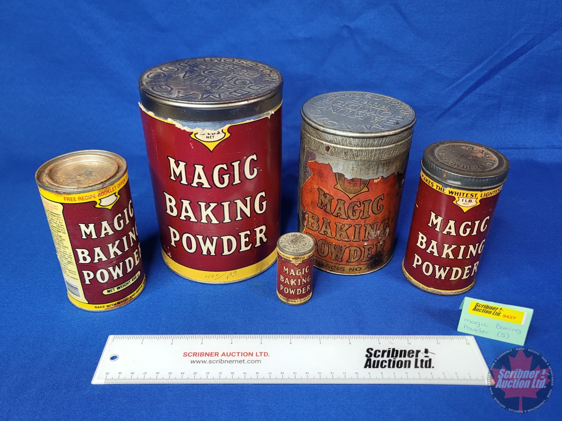 Baking Powder Box Labble MAGIC BAKING POWDER Tins (5) (All Paper Label) (Largest 7-1/2
