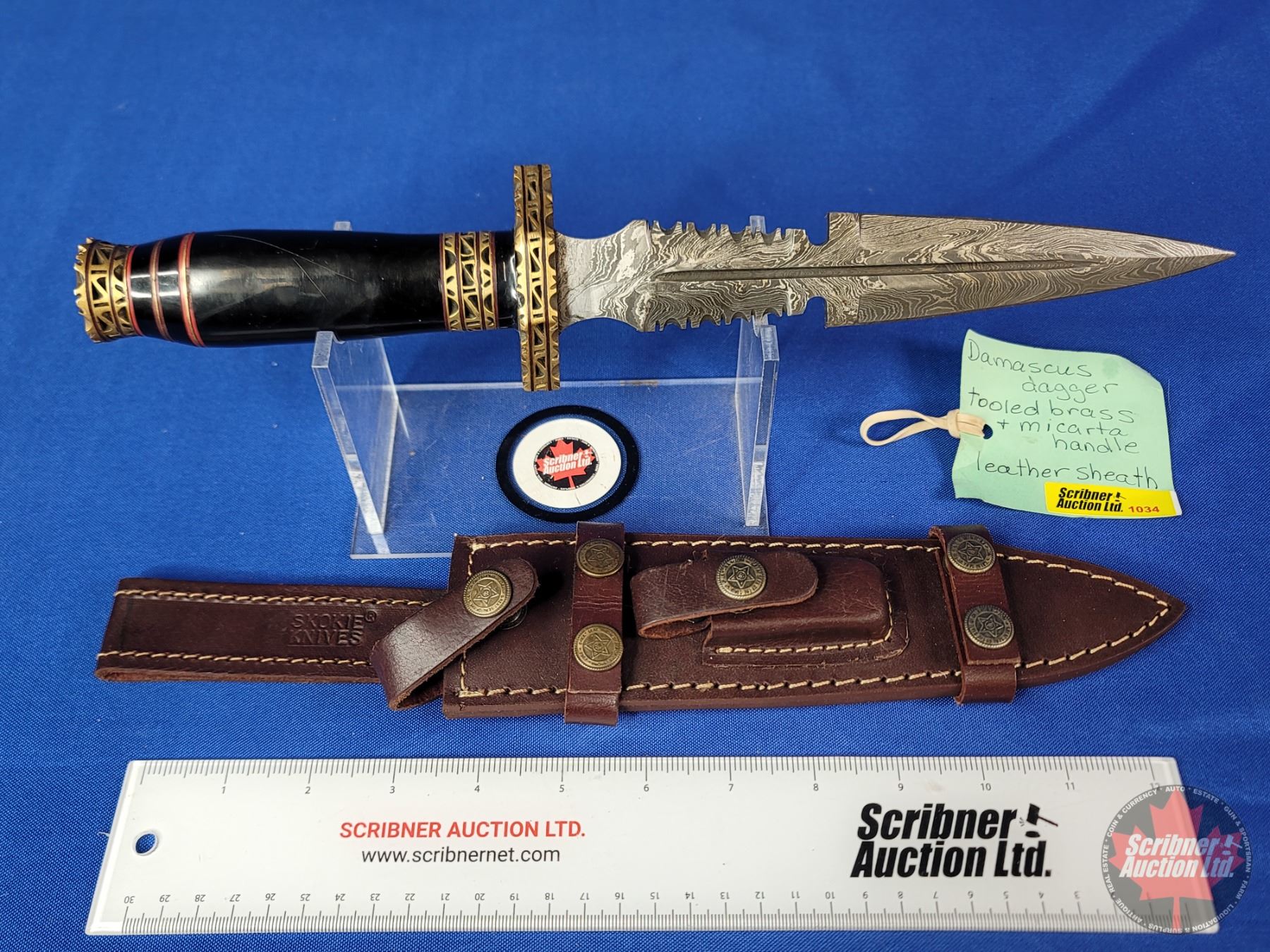 Dagger Tag Damascus Dagger w/Leather Sheath (Consignor Tag ~ Tooled Brass ...