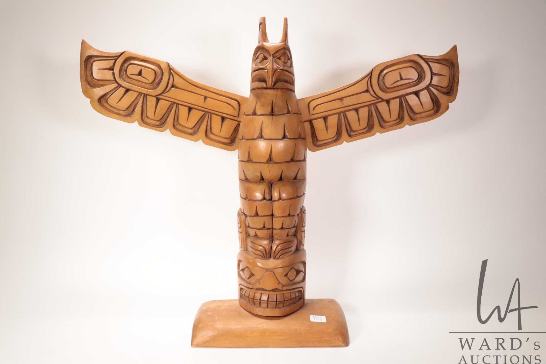 Haida Hand Hand carved cedar Haida totem of a Thunderbird and pencil signed by ...