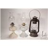 Image 1 : Two colourless glass oil lamps and Beacon barn lantern, note: broken lens