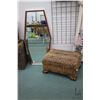 Image 1 : Hexagon framed wall mirror, 37" X 19" and a vintage upholstered foot stool