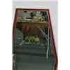 Image 2 : Hexagon framed wall mirror, 37" X 19" and a vintage upholstered foot stool