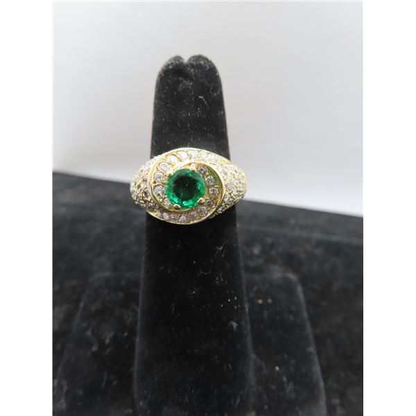 14K YG Diamond/Emerald Ring w/One Round Cut Emerald and 76 Round Cut Diamonds