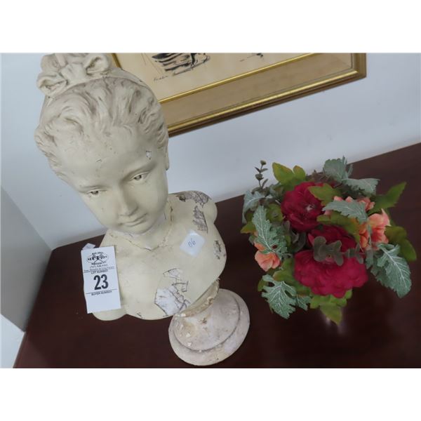 Pedestal Bust of Woman, Floral Centerpiece