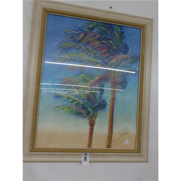 Framed Blowing Palm Trees Art Artist Signed - 20  X  30
