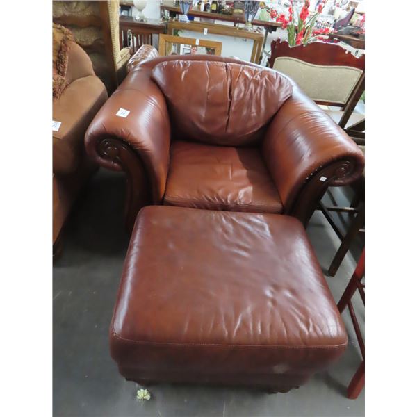 Mahogany Trim Leather Easy Chair w/Ottoman