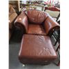 Image 1 : Mahogany Trim Leather Easy Chair w/Ottoman