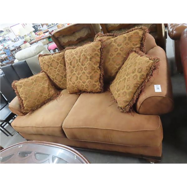 Mahogany Trim Brown MF Padded Sofa w/Pillows